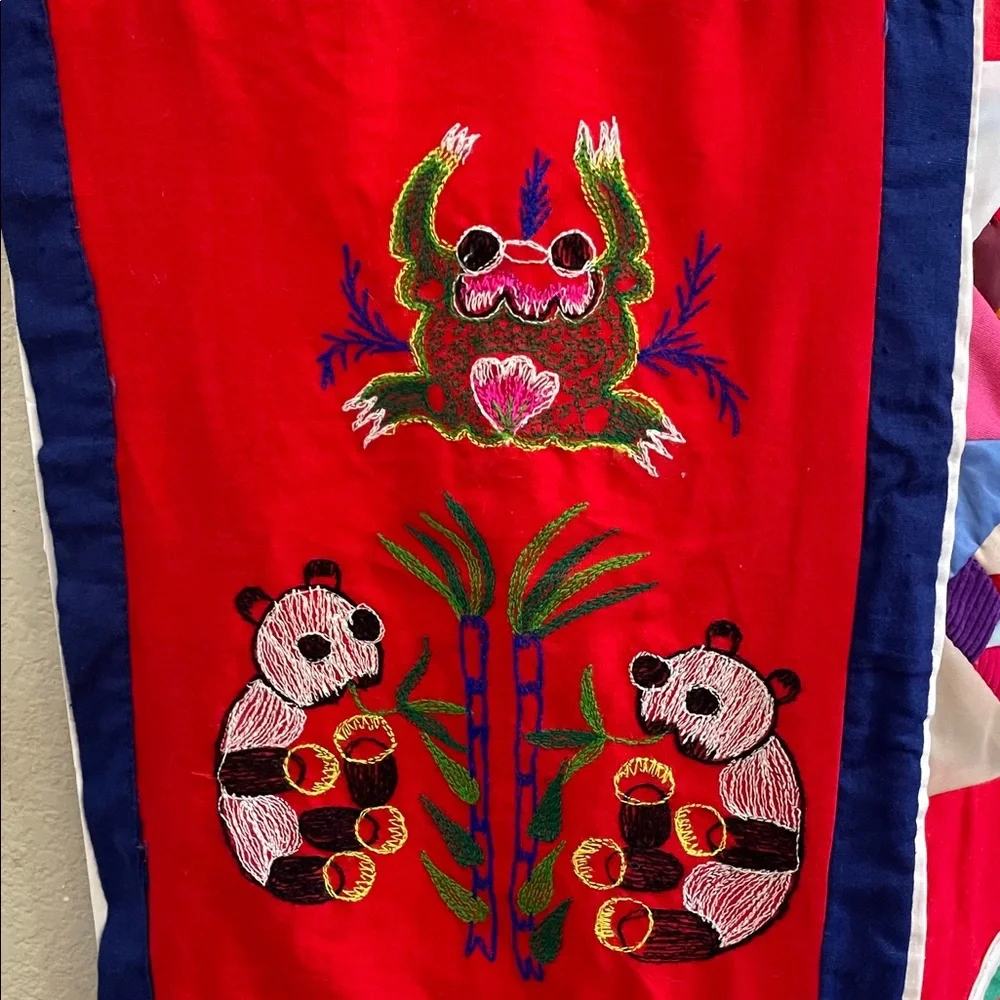 Colorful Patchwork Tapestry with Dragon and Panda Embroidered Design